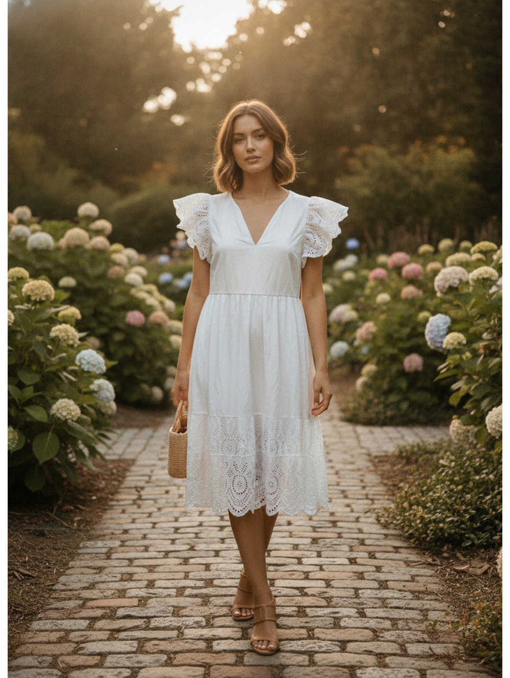 Rails White Eyelet Flutter Sleeve Midi Dress Size M